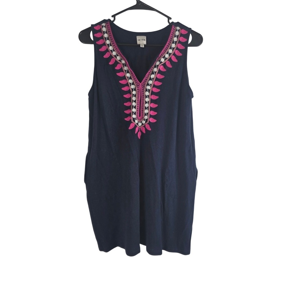 Nic + Zoe Embroidered Mini Dress PS Womens Blue Coquette Pockets Linen Blend